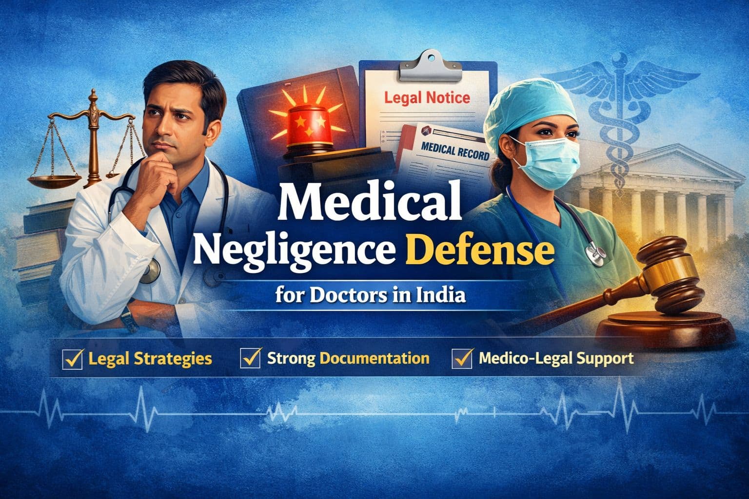 Medical Negligence Defense for Doctors in India showing legal protection, documentation, and medico-legal support for healthcare professionals